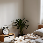 A serene and minimalist bedroom sanctuary at dawn. The space is bathed in soft, natural light coming through a window. The bed is made with natural, breathable fabrics like linen or cotton. There are no visible electronic devices; instead, a classic, battery-operated alarm clock sits on a simple wooden nightstand. A small, healthy houseplant is placed in a corner, adding to the tranquil atmosphere. The overall mood is peaceful, restorative, and emphasizes a deep, uninterrupted sleep.