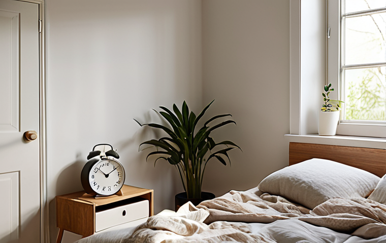 A serene and minimalist bedroom sanctuary at dawn. The space is bathed in soft, natural light coming through a window. The bed is made with natural, breathable fabrics like linen or cotton. There are no visible electronic devices; instead, a classic, battery-operated alarm clock sits on a simple wooden nightstand. A small, healthy houseplant is placed in a corner, adding to the tranquil atmosphere. The overall mood is peaceful, restorative, and emphasizes a deep, uninterrupted sleep.