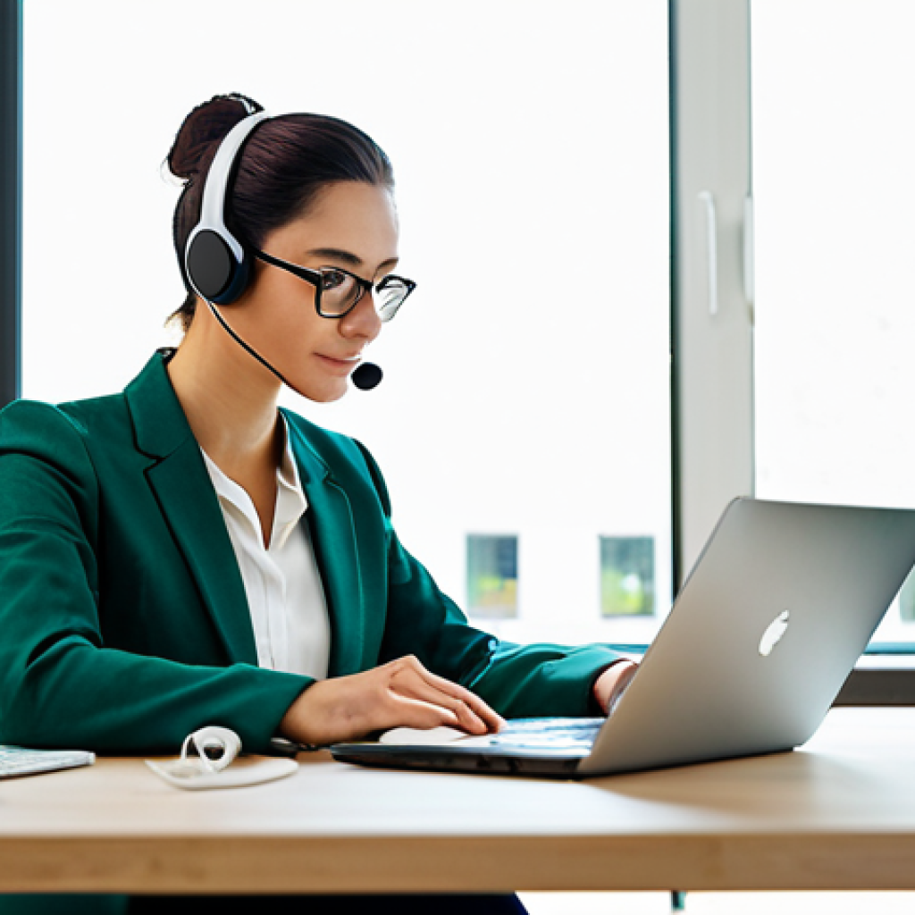 A focused, professional woman, fully clothed in a modest business outfit, is seated at a modern, clean desk in a brightly lit, contemporary home office. She is working on a laptop, utilizing an air-tube headset for a call, with her smartphone placed at a reasonable distance on the desk. Healthy green plants are subtly visible in the background, enhancing the natural environment and emphasizing a calm, productive atmosphere. Professional photography, high resolution, soft natural light, perfect anatomy, correct proportions, well-formed hands, natural body proportions, natural pose, safe for work, appropriate content, fully clothed, professional.