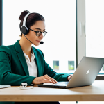 A focused, professional woman, fully clothed in a modest business outfit, is seated at a modern, clean desk in a brightly lit, contemporary home office. She is working on a laptop, utilizing an air-tube headset for a call, with her smartphone placed at a reasonable distance on the desk. Healthy green plants are subtly visible in the background, enhancing the natural environment and emphasizing a calm, productive atmosphere. Professional photography, high resolution, soft natural light, perfect anatomy, correct proportions, well-formed hands, natural body proportions, natural pose, safe for work, appropriate content, fully clothed, professional.