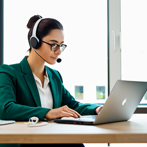 A focused, professional woman, fully clothed in a modest business outfit, is seated at a modern, clean desk in a brightly lit, contemporary home office. She is working on a laptop, utilizing an air-tube headset for a call, with her smartphone placed at a reasonable distance on the desk. Healthy green plants are subtly visible in the background, enhancing the natural environment and emphasizing a calm, productive atmosphere. Professional photography, high resolution, soft natural light, perfect anatomy, correct proportions, well-formed hands, natural body proportions, natural pose, safe for work, appropriate content, fully clothed, professional.