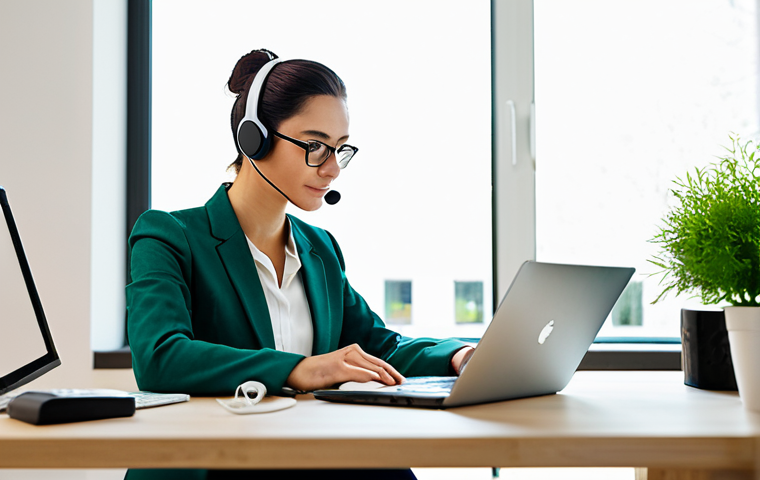 A focused, professional woman, fully clothed in a modest business outfit, is seated at a modern, clean desk in a brightly lit, contemporary home office. She is working on a laptop, utilizing an air-tube headset for a call, with her smartphone placed at a reasonable distance on the desk. Healthy green plants are subtly visible in the background, enhancing the natural environment and emphasizing a calm, productive atmosphere. Professional photography, high resolution, soft natural light, perfect anatomy, correct proportions, well-formed hands, natural body proportions, natural pose, safe for work, appropriate content, fully clothed, professional.