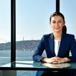 Modern Businesswoman**

A professional businesswoman in a modest, dark blue business suit, sitting at a sleek glass desk in a modern, sunlit Istanbul office with the Bosphorus in the background, fully clothed, appropriate attire, safe for work, perfect anatomy, natural proportions, professional digital photography, high quality, professional.

**
