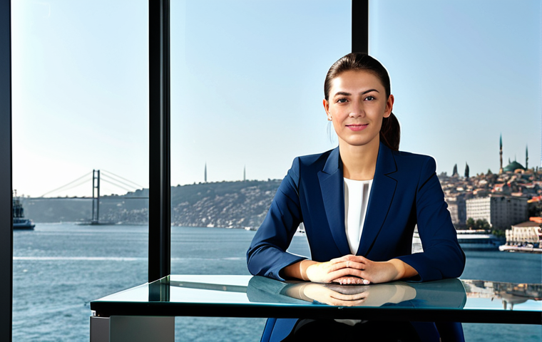 Modern Businesswoman**

A professional businesswoman in a modest, dark blue business suit, sitting at a sleek glass desk in a modern, sunlit Istanbul office with the Bosphorus in the background, fully clothed, appropriate attire, safe for work, perfect anatomy, natural proportions, professional digital photography, high quality, professional.

**